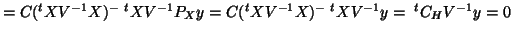 $=C(^tXV^{-1}X)^-{\;}^tXV^{-1}P_Xy=C(^tXV^{-1}X)^-{\;}^tXV^{-1}y={\;}^tC_HV^{-1}y=0$