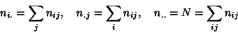 \begin{displaymath}n_{i.}=\sum_j n_{ij},
\quad n_{.j}=\sum_i n_{ij}, \quad n_{..}=N=\sum_{ij} n_{ij}\end{displaymath}