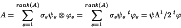 \begin{displaymath}
A=\sum_{s=1}^{rank(A)}\sigma_s\psi_s\otimes \varphi_s=\sum_...
...}\sigma_s\psi_s
{\;}^t\varphi_s=\psi\Lambda^1/2{\;}^t\varphi
\end{displaymath}