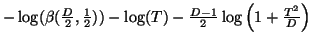 $\textstyle - \log(\beta(\frac{D}{2},\frac{1}{2})) - \log(T) - \frac{D-1}{2} \log\left(1 + \frac{T^2}{D}\right)$