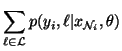 $\displaystyle \sum_{\ell \in \mathcal L}
p(y_i, \ell\vert x_{{\mathcal N}_i},\theta)$