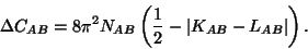 \begin{displaymath}
\Delta C_{AB} = 8\pi^2 N_{AB} \left( \frac{1}{2} - \vert K_{AB} - L_{AB} \vert \right).
\end{displaymath}