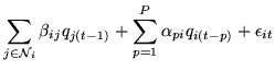 $\displaystyle \sum_{j\in{\cal N}_{i}} \beta_{ij} q_{j(t-1)}
+\sum_{p=1}^P \alpha_{pi}q_{i(t-p)}+\epsilon_{it}$