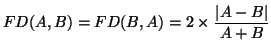 $\displaystyle FD(A,B)=FD(B,A)=2\times\frac{\vert A-B\vert}{A+B}$