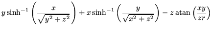 $\displaystyle y \, \mathrm{sinh}^{-1}\left(\frac{x}{\sqrt{y^2 + z^2}}\right) +x...
...frac{y}{\sqrt{x^2 + z^2}}\right)
- z \, \mathrm{atan}\left(\frac{xy}{zr}\right)$